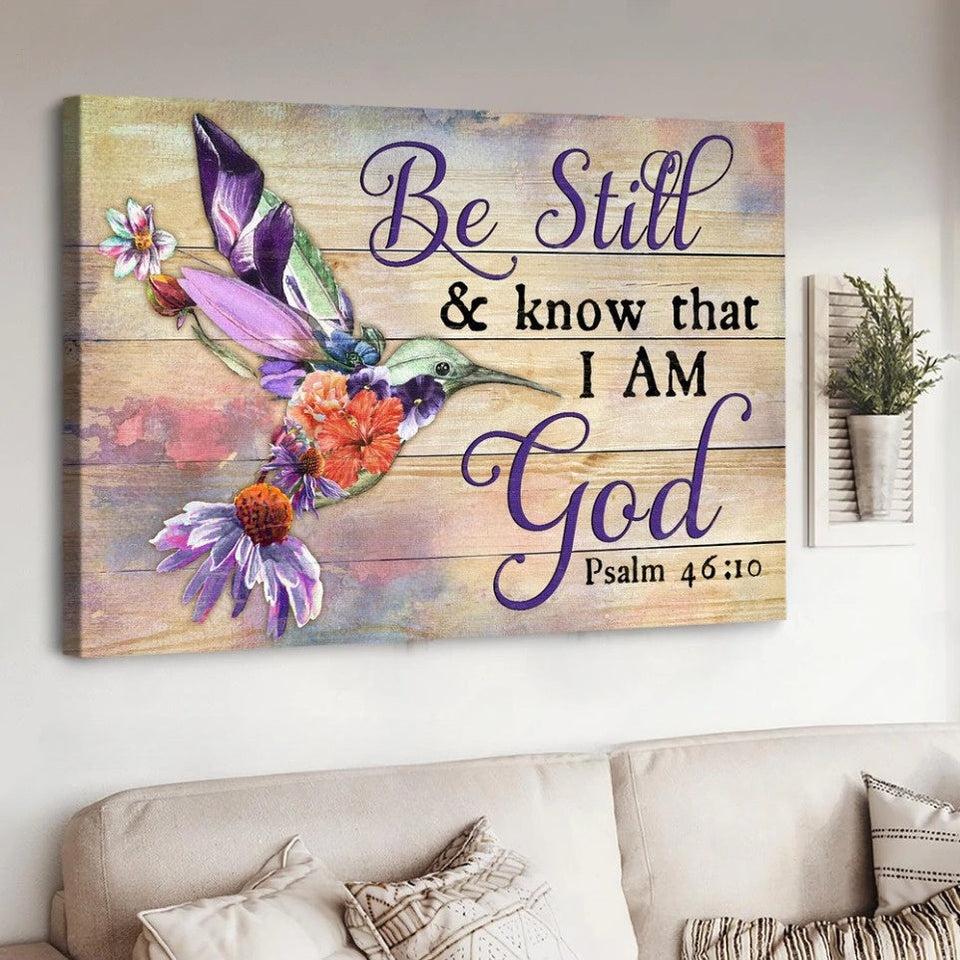 Colorful hummingbird, Flower painting, Be still and know that I am God - Matte Canvas