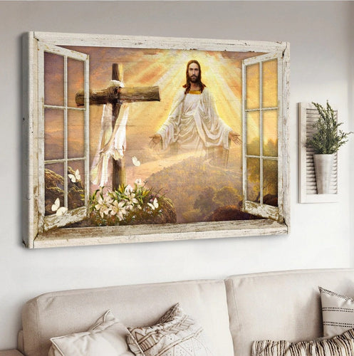 Come to Jesus, Beautiful sunset, Cross, Lily garden - Matte Canvas