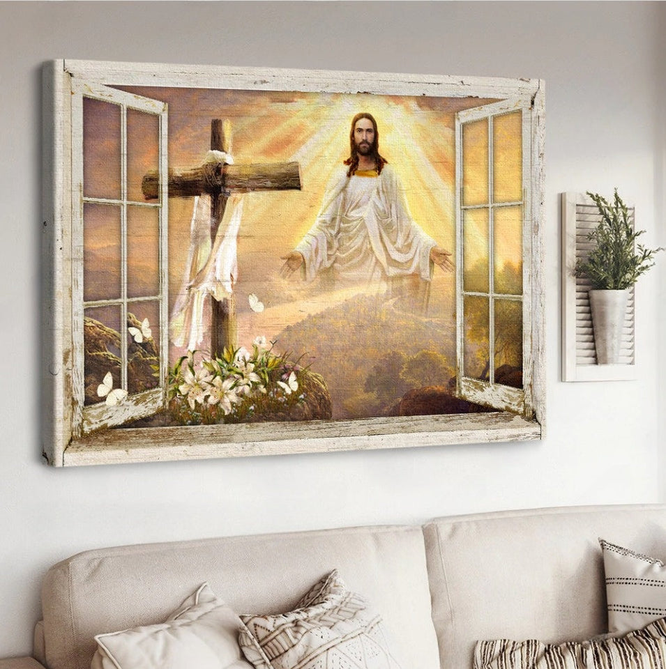 Come to Jesus, Beautiful sunset, Cross, Lily garden - Matte Canvas