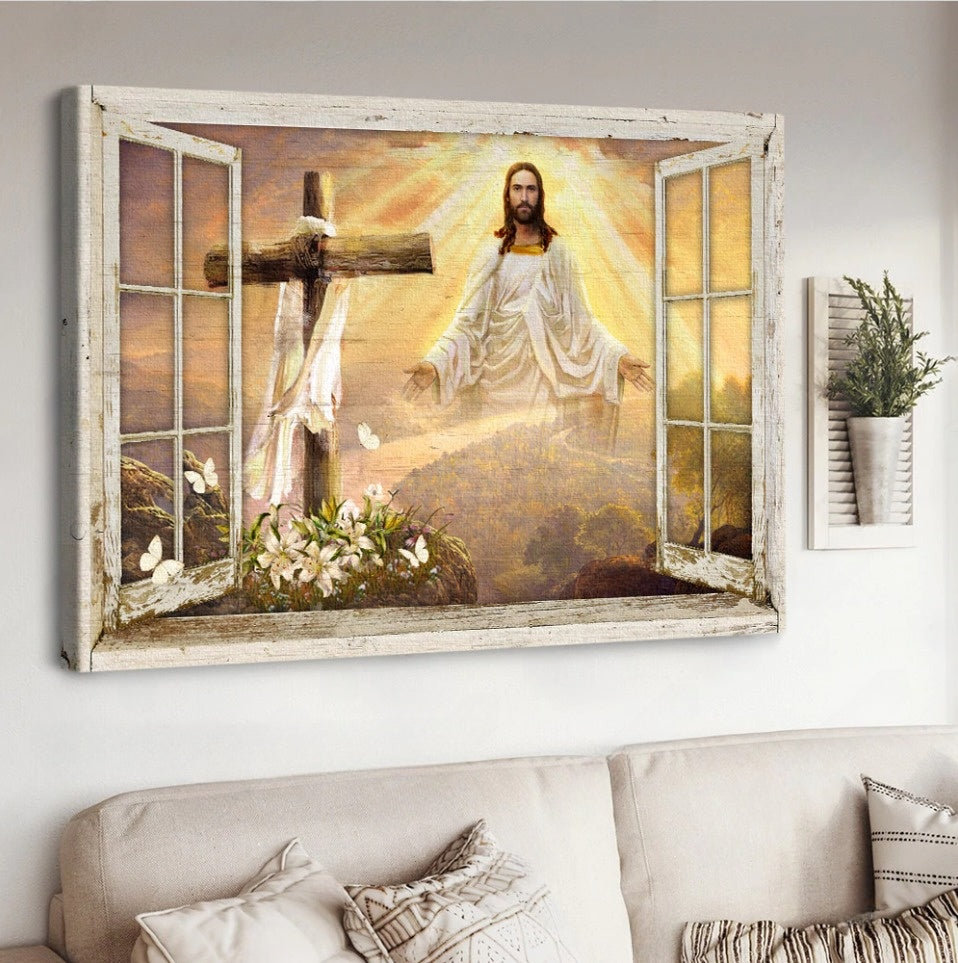 Come to Jesus, Beautiful sunset, Cross, Lily garden - Matte Canvas