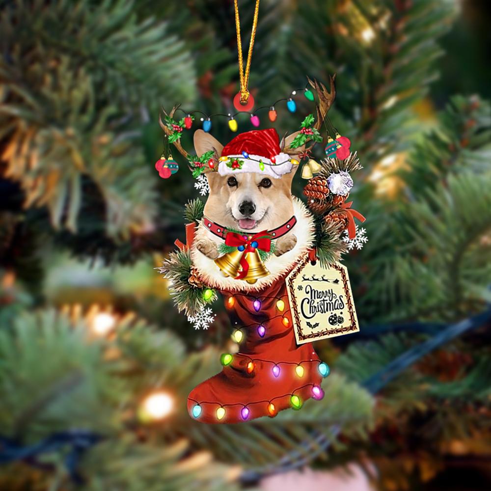 Godmerch- Ornament- Corgi 2-Xmas Boot-Two Sided Ornament, Happy Christmas Ornament, Car Ornament
