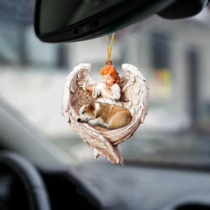 Sleeping Corgi Protected By Angel Car Front Mirror Hanging Ornament