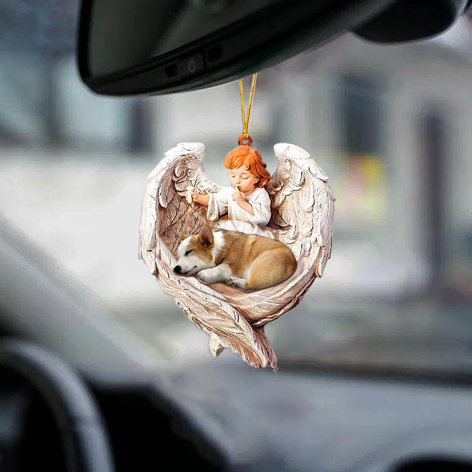Sleeping Corgi Protected By Angel Car Front Mirror Hanging Ornament