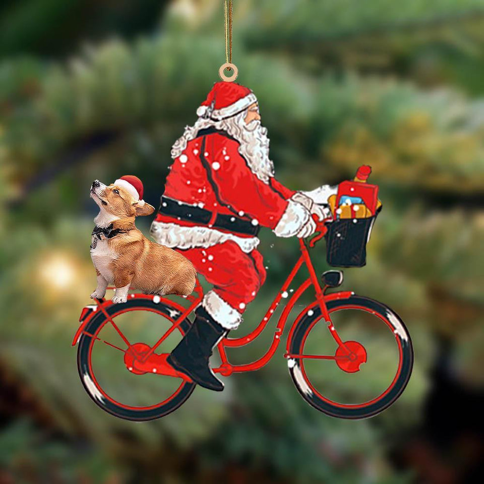 Santa Claus Riding A Bike With Corgi-Two Sided Ornament