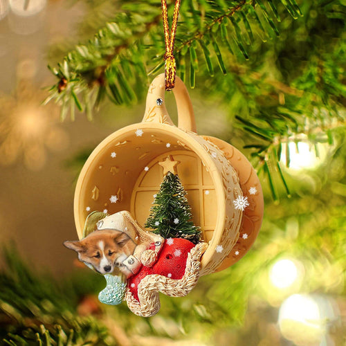 Godmerch- Ornament- Corgi Sleeping In A Cup Christmas Ornament Dog Ornament, Car Ornament, Christmas Ornament