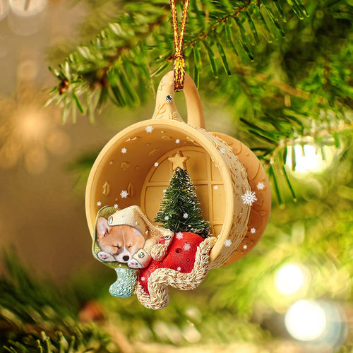 Ornament- Corgi Sleeping in a tiny cup Christmas Holiday-Two Sided Ornament, Christmas Ornament, Car Ornament