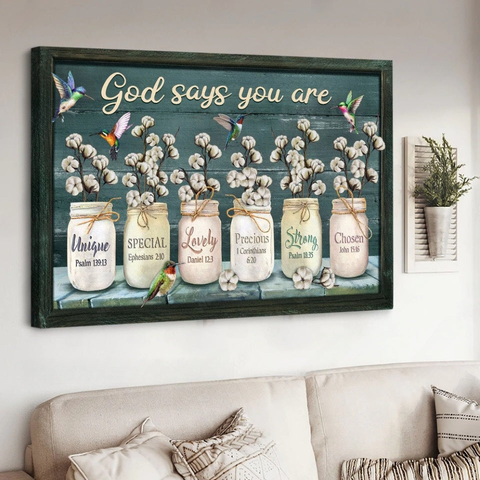 Cotton flower Colorful hummingbirds God says you are - Matte Canvas
