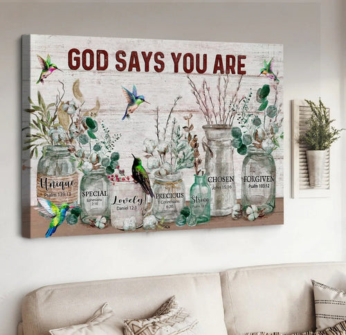 Cotton flower, Vintage garden, Hummingbird, God says you are unique - Matte Canvas