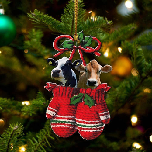 Ornament- Cow Inside Your Gloves Christmas Holiday-Two Sided Ornament, Happy Christmas Ornament, Car Ornament