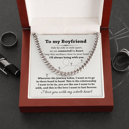 Cuban Link Chain Necklace For Boyfriend, To My Boyfriend, We Are Connected By Heart Boyfriend Long Distance Gift From Girlfriend - TGV
