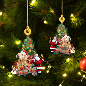 Golden Retriever Christmas With Santa And Pine Tree Car Ornament