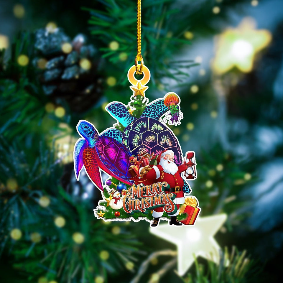 Merry Christmas Turtle With Santa Car Ornament