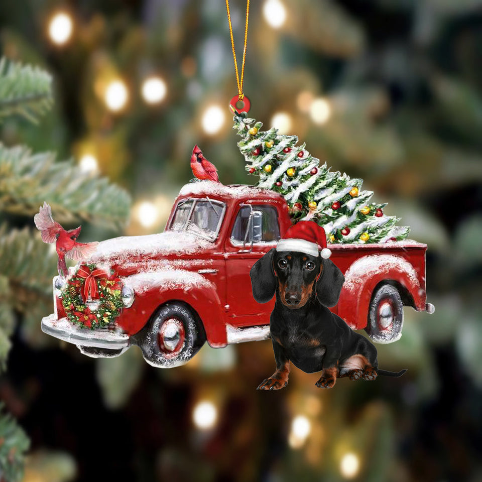 Godmerch- Ornament- Dachshund 1-Cardinal & Truck Two Sided Ornament, Happy Christmas Ornament, Car Ornament
