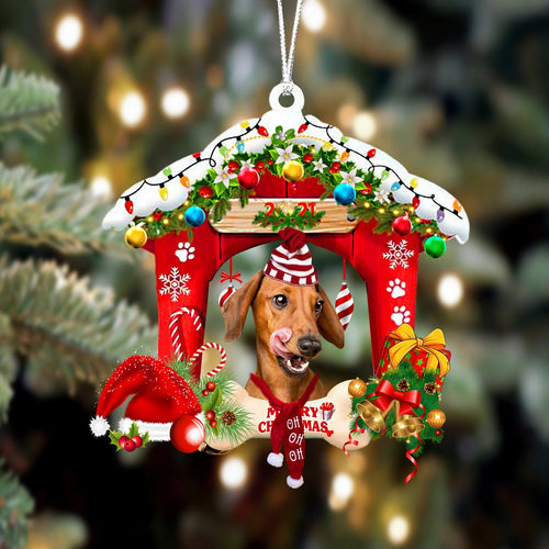 Godmerch- Ornament- Dachshund 14-Christmas House Two Sided Ornament, Happy Christmas Ornament, Car Ornament