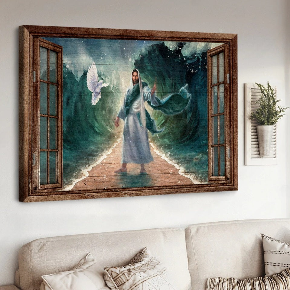 Deep ocean, White dove, Antique window, Walking with Jesus - Matte Canvas