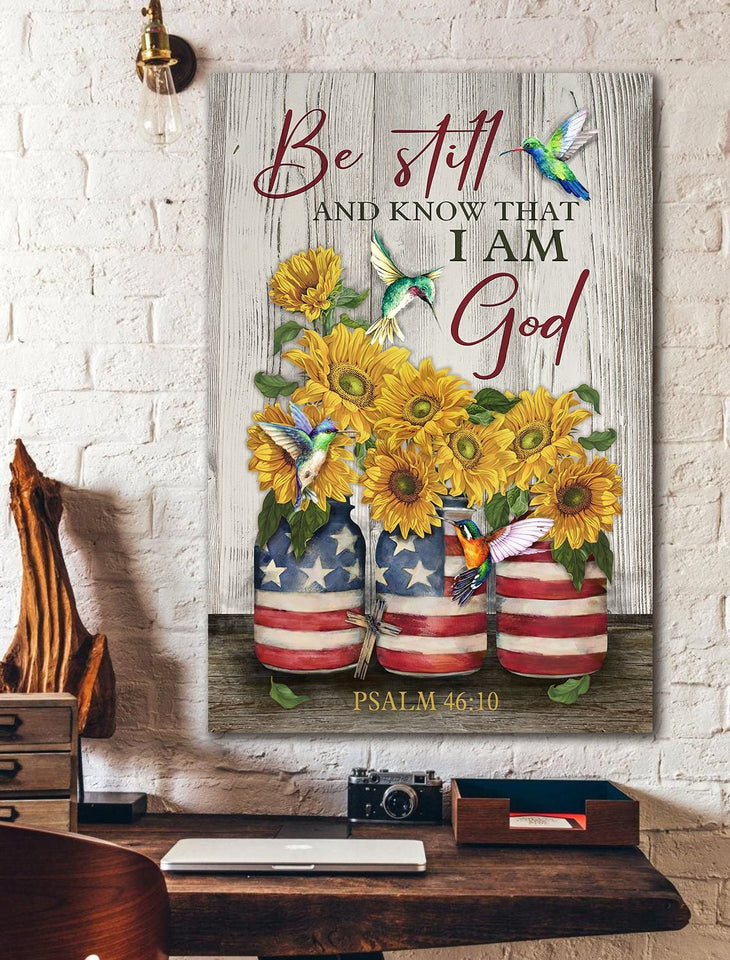Flag 4th July Hummingbird and sunflower Be still and know that I am God Canvas And Poster, Canvas Painting, Wall Decor Visual Art