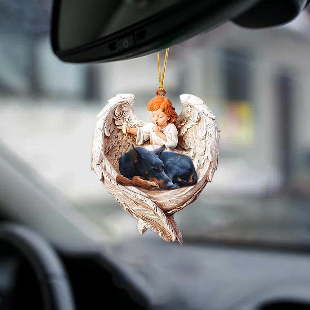 Sleeping Doberman Protected By Angel Car Hanging Ornament Angel Protect Dog Ornament