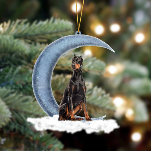 Godmerch- Ornament- Dobermann Sits On The Moon Hanging Ornament Dog Ornament, Car Ornament, Christmas Ornament