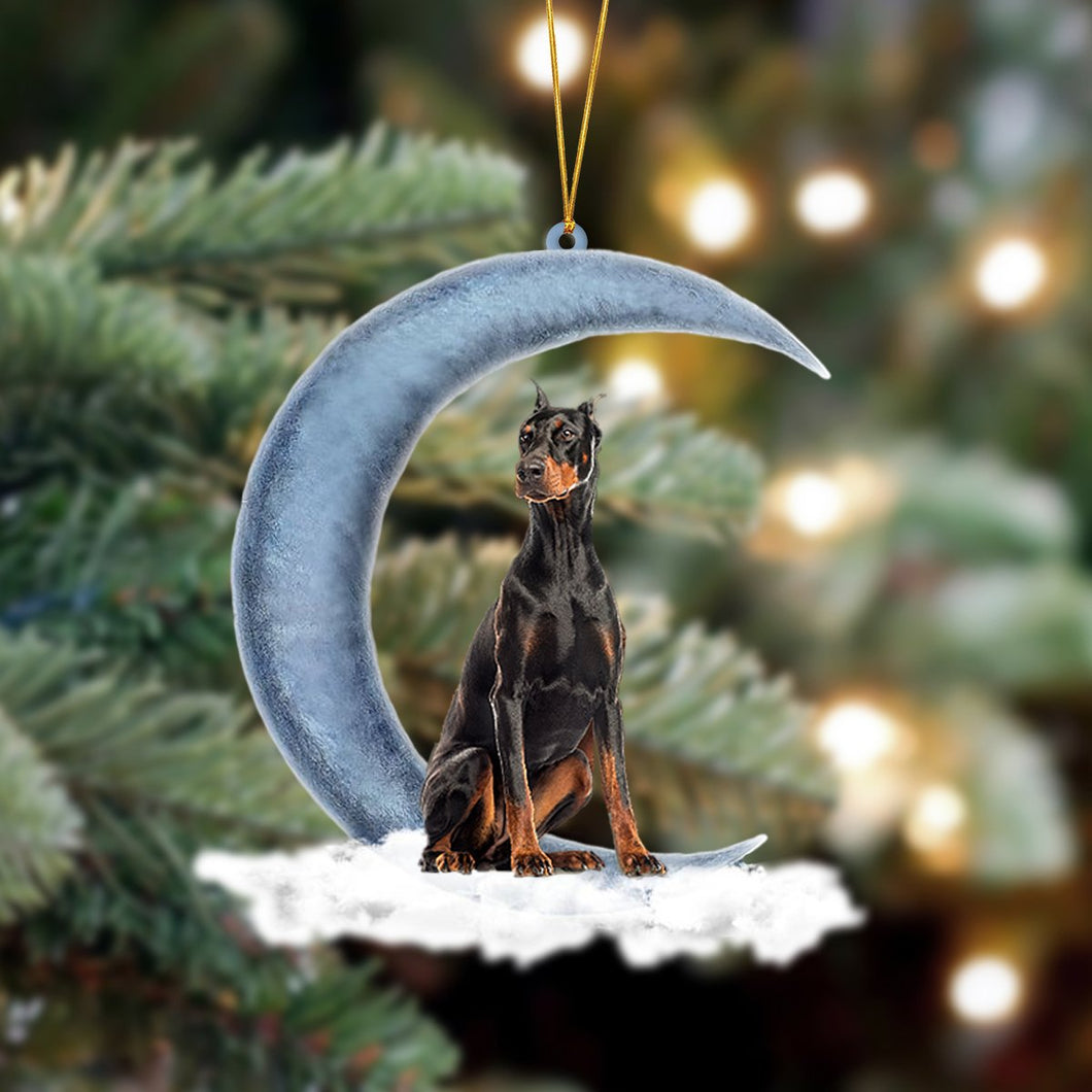 Godmerch- Ornament- Dobermann Sits On The Moon Hanging Ornament Dog Ornament, Car Ornament, Christmas Ornament
