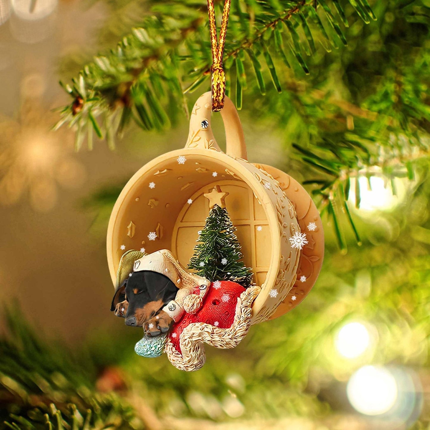 Godmerch Dobermann Sleeping In A Tiny Cup Christmas Holiday-Two Sided Ornament