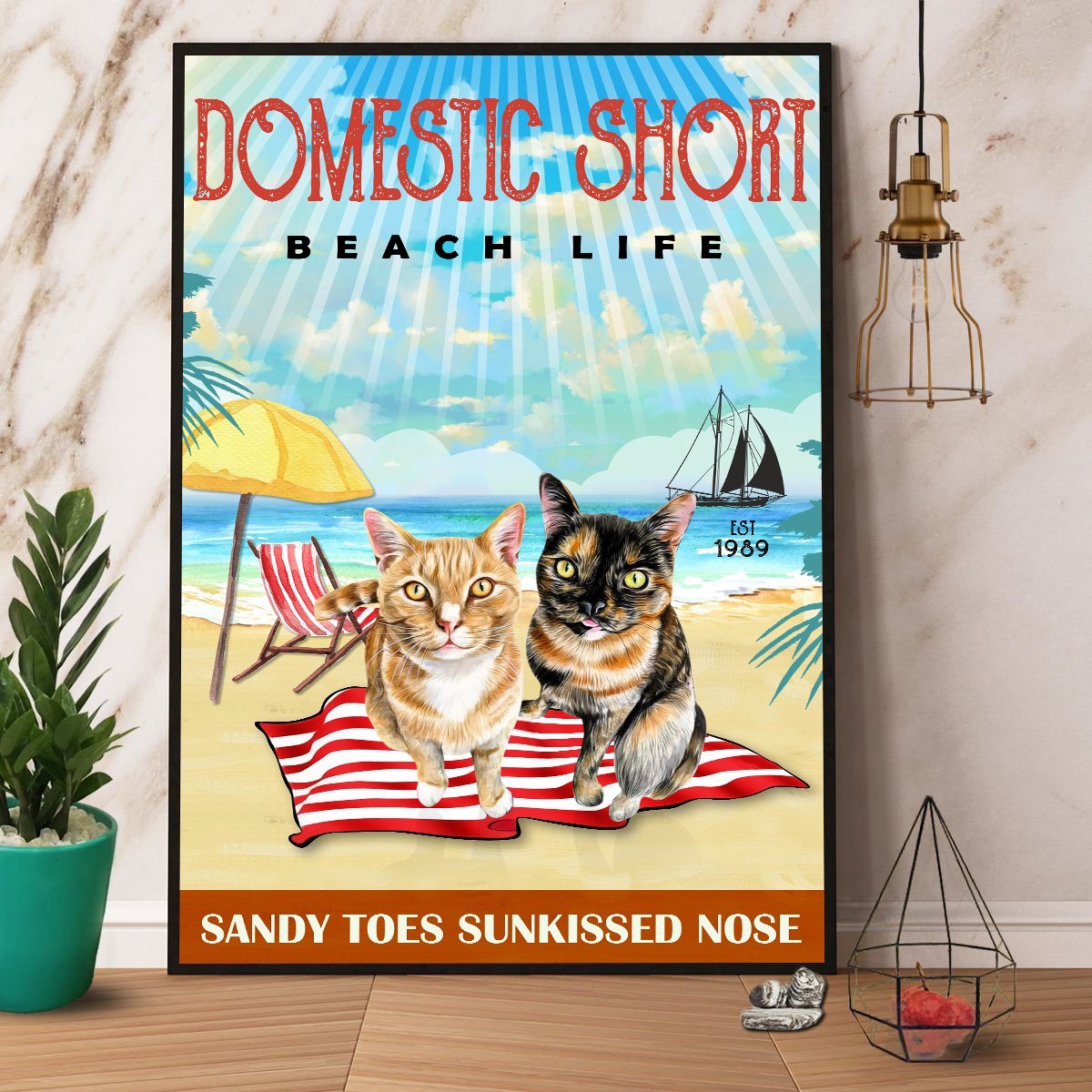 Domestic Short Cat Beach Life Canvas And Poster, Wall Decor Visual Art