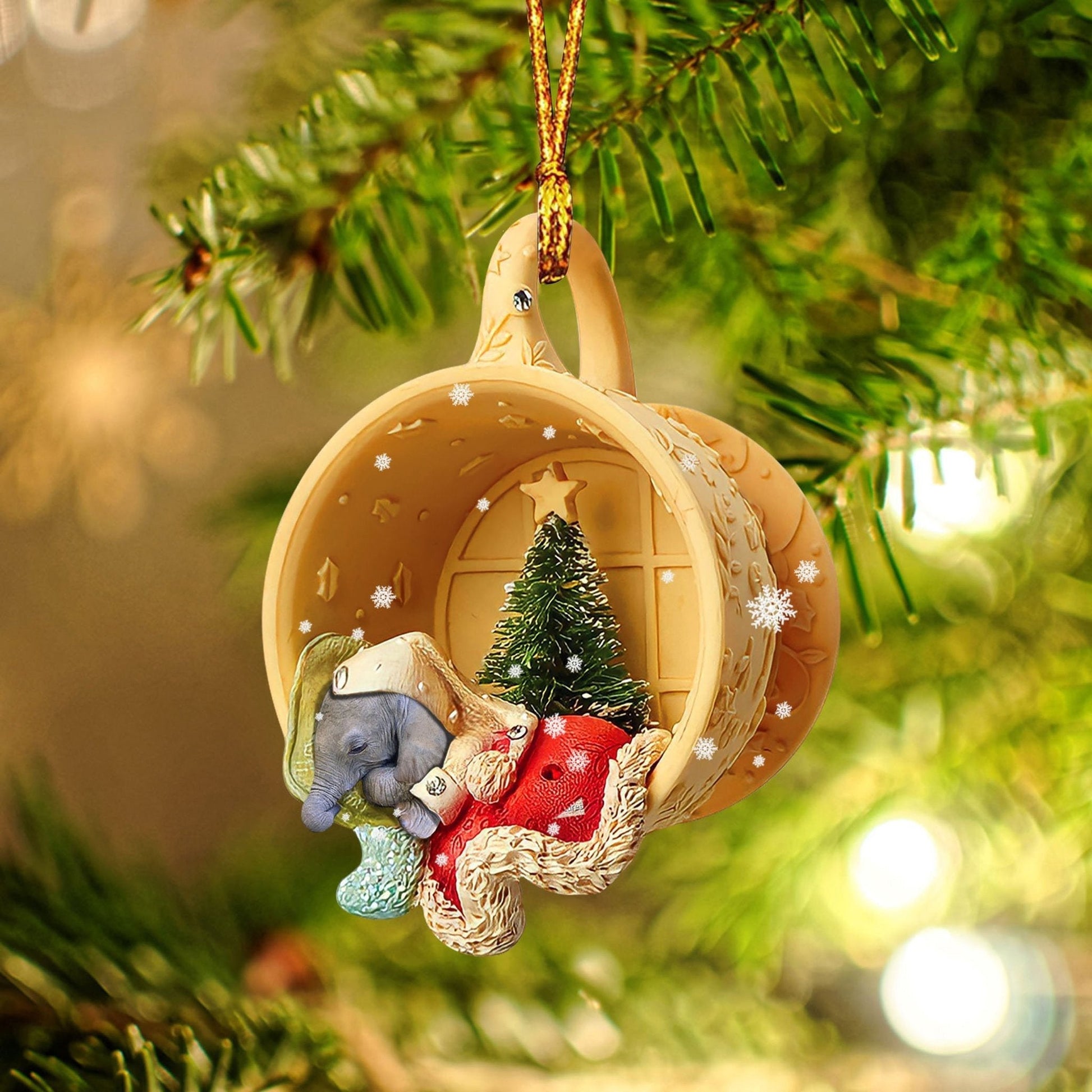 Godmerch- Elephant Sleeping in a tiny cup Christmas Holiday-Two Sided Ornament, Christmas Ornament, Car Ornament