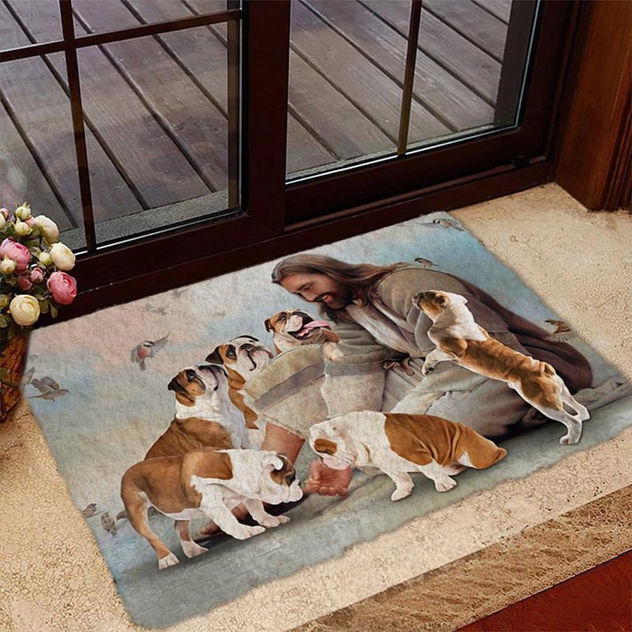 Jesus Surrounded By English Bulldogs Doormat