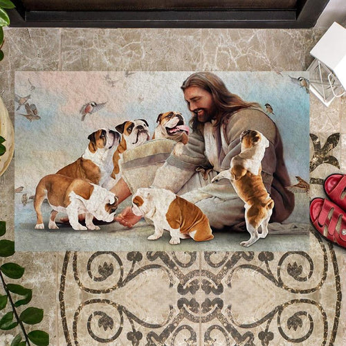 Jesus Surrounded By English Bulldogs Doormat