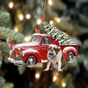 Ornament- English Bulldog-Cardinal & Truck Two Sided Ornament, Happy Christmas Ornament, Car Ornament