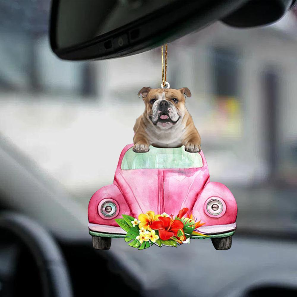 English Bulldog-Pink Hippie Car-Two Sided Ornament