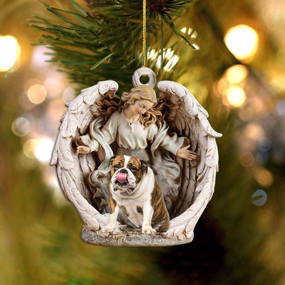 English Bulldog2-Angel Hug Winter Love Two Sided Ornament