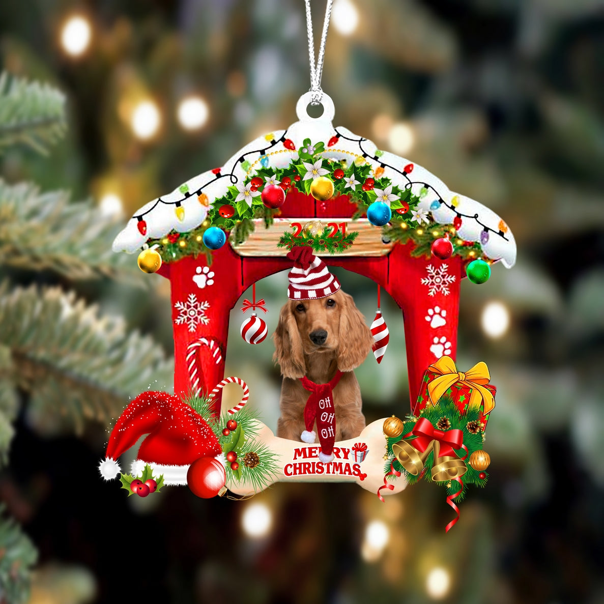 Ornament- English Cocker Spaniel-Christmas House Two Sided Ornament, Happy Christmas Ornament, Car Ornament