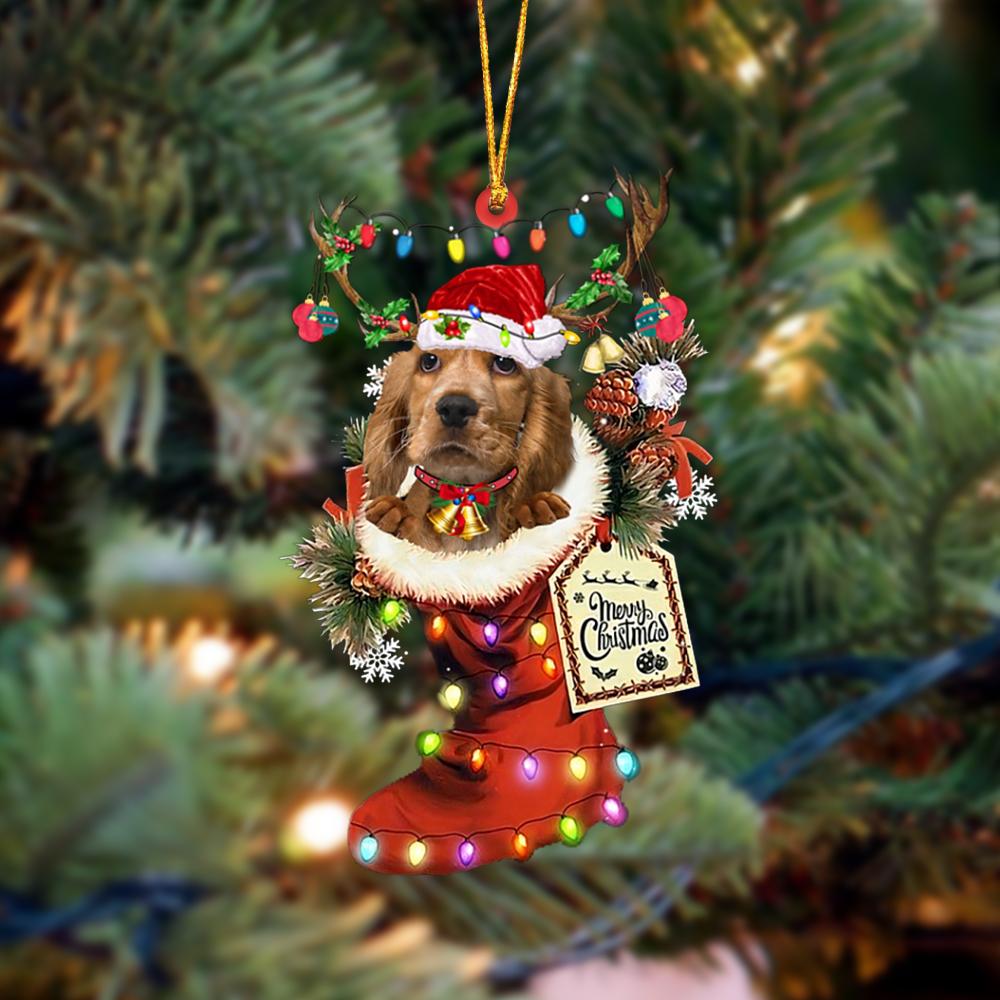 Ornament- English Cocker Spaniel-Xmas Boot-Two Sided Ornament, Happy Christmas Ornament, Car Ornament