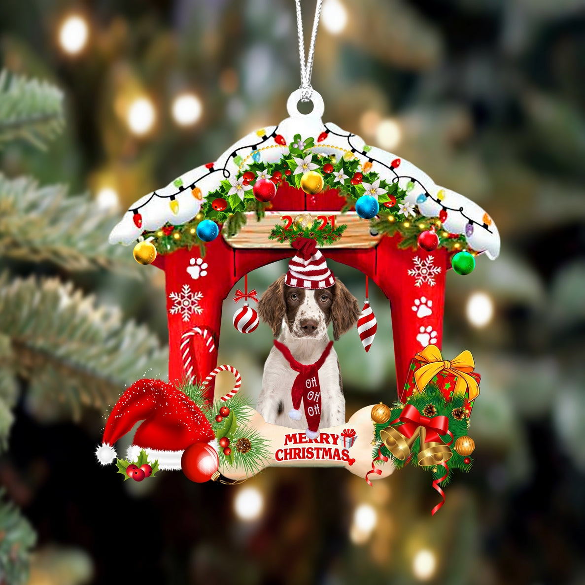 Ornament- English Springer Spaniel-Christmas House Two Sided Ornament, Happy Christmas Ornament, Car Ornament