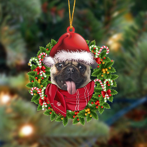 Godmerch- Ornament- FAWN Pug 1-Xmas Bandana Hanging Ornament, Happy Christmas Ornament, Car Ornament