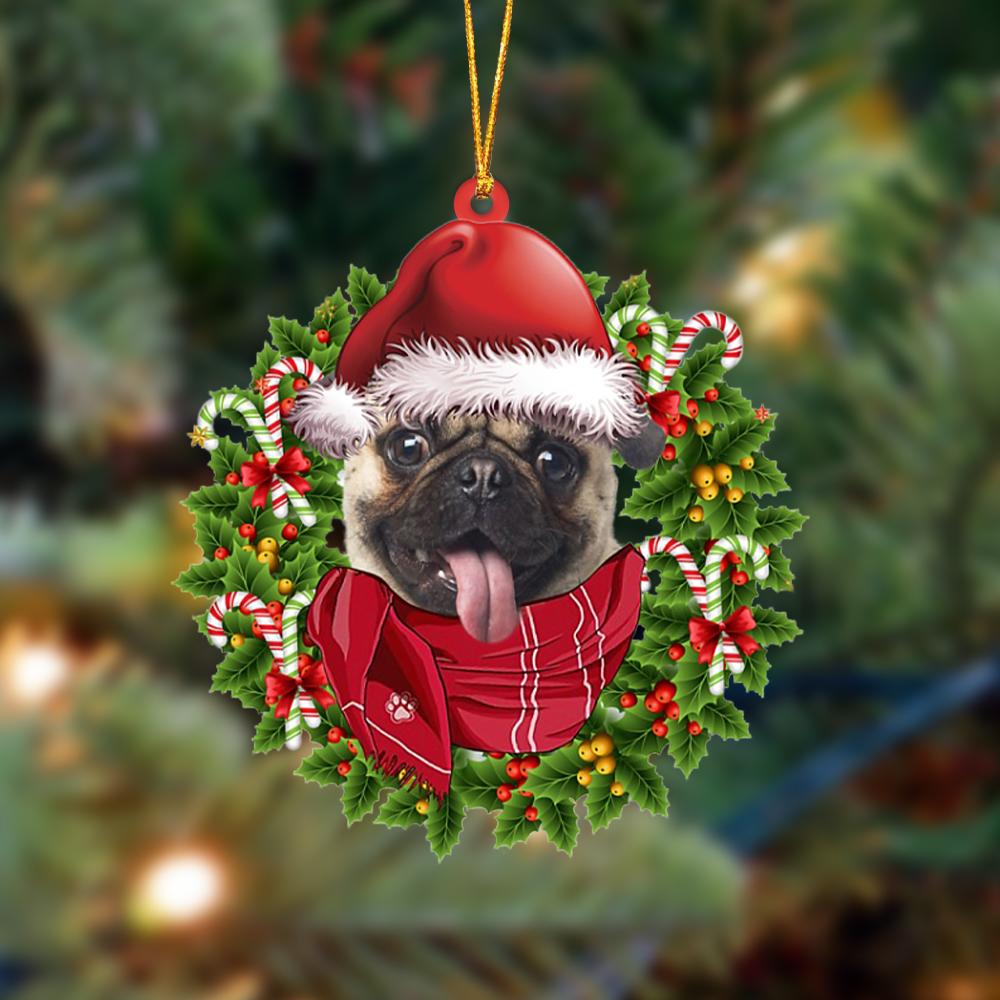 Godmerch- Ornament- FAWN Pug 1-Xmas Bandana Hanging Ornament, Happy Christmas Ornament, Car Ornament