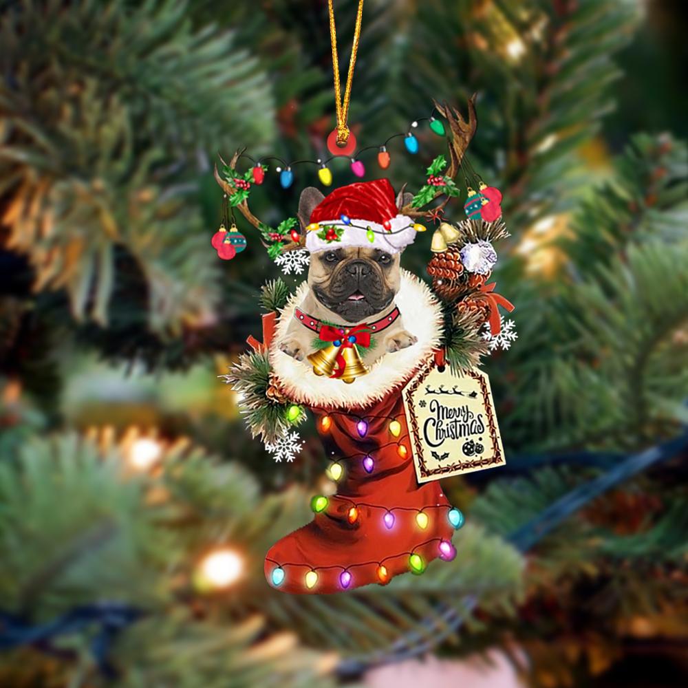 Godmerch- Ornament- Fawn French Bulldog-Xmas Boot-Two Sided Ornament, Happy Christmas Ornament, Car Ornament