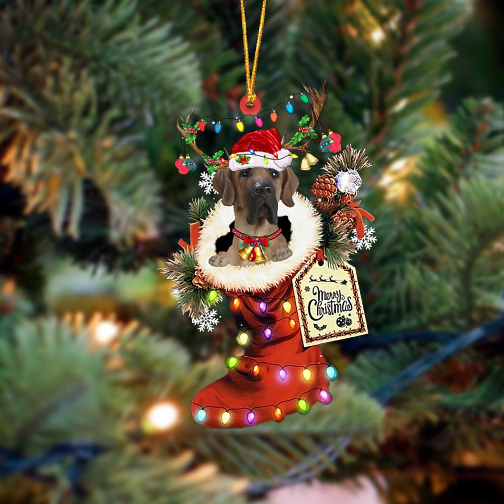 Godmerch- Ornament- Fawn Great Dane-Xmas Boot-Two Sided Ornament, Happy Christmas Ornament, Car Ornament