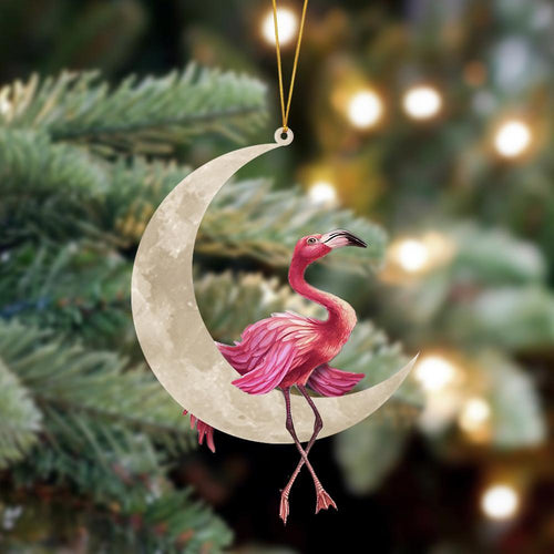 Godmerch- Ornament- Flamingo Sits On The Moon Hanging Ornament Dog Ornament, Car Ornament, Christmas Ornament
