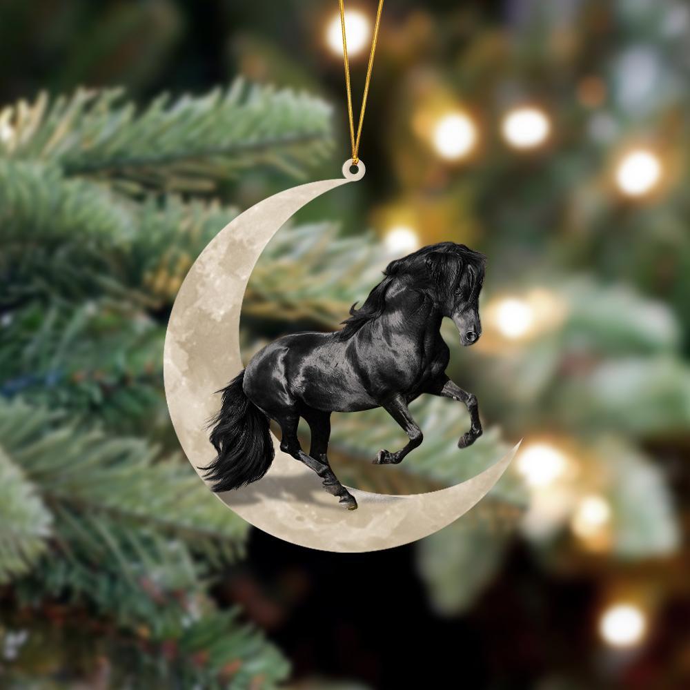 Godmerch- Ornament- Friesian Horse Sits On The Moon Hanging Ornament Dog Ornament, Car Ornament, Christmas Ornament