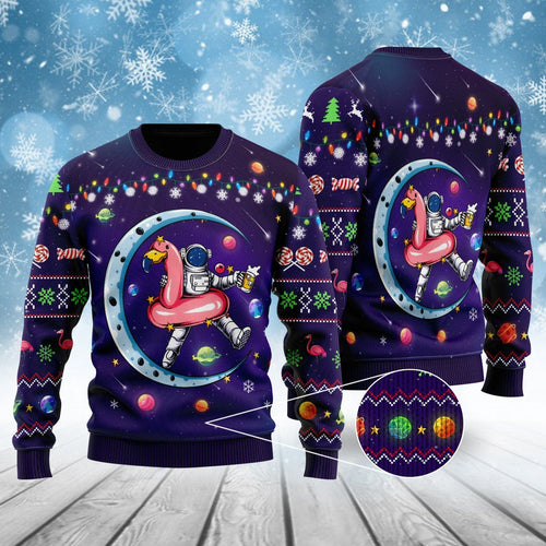 Funny Astronauts Sit On Flamingo Ugly Christmas Sweater 