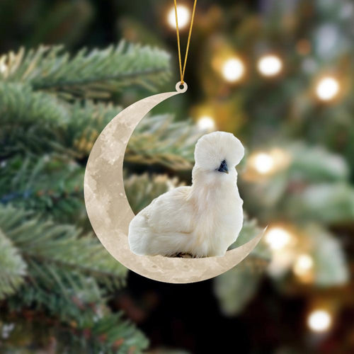 Furry Silkie Chicken Sits On The Moon Hanging Ornament, Animal Christmas Ornaments