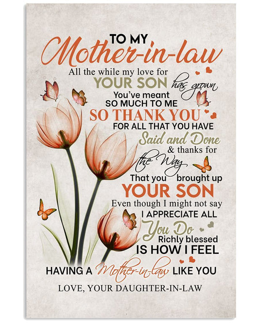 To My Mother In Law All The While My Love For Your Son Has Grown Flowers Canvas Wall Art Mothers Day Gifts