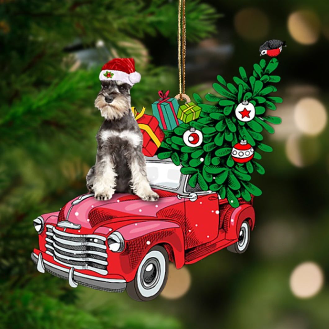 Ornament- GREY Miniature Schnauzer-Pine Truck Hanging Ornament, Happy Christmas Ornament, Car Ornament
