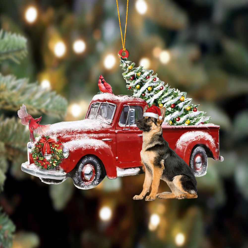 Ornament- German Shepherd-Cardinal & Truck Two Sided Ornament, Happy Christmas Ornament, Car Ornament