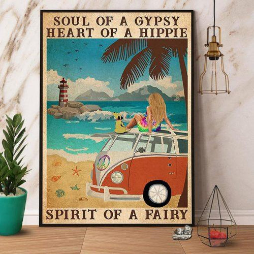 Girl Beach & Dog Soul Of A Gypsy Heart Of A Hippie Spirit Of A Fairy Canvas And Poster, Wall Decor Visual Art