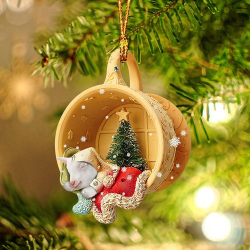 Ornament- Goat Sleeping in a tiny cup Christmas Holiday-Two Sided Ornament, Christmas Ornament, Car Ornament