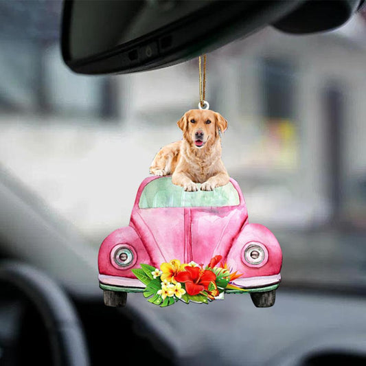 Golden Retriever-Pink Hippie Car-Two Sided Ornament