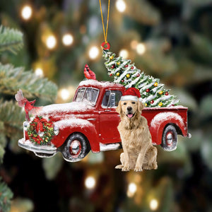 Ornament- Golden Retriever 1-Cardinal & Truck Two Sided Ornament, Happy Christmas Ornament, Car Ornament