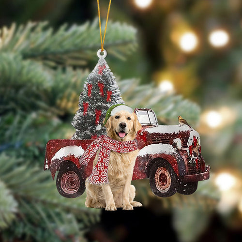 Ornament- Golden Retriever 1-Christmas Truck Two Sided Ornament, Happy Christmas Ornament, Car Ornament